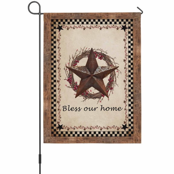 Retro Star Garden Flag 12 x 18 Inches, Bless Our Home Black Plaid Vintage Letter Farm Weather Proof Outdoor Patio Flags Double Sided Small Garden Decoration for Yard Outside Home