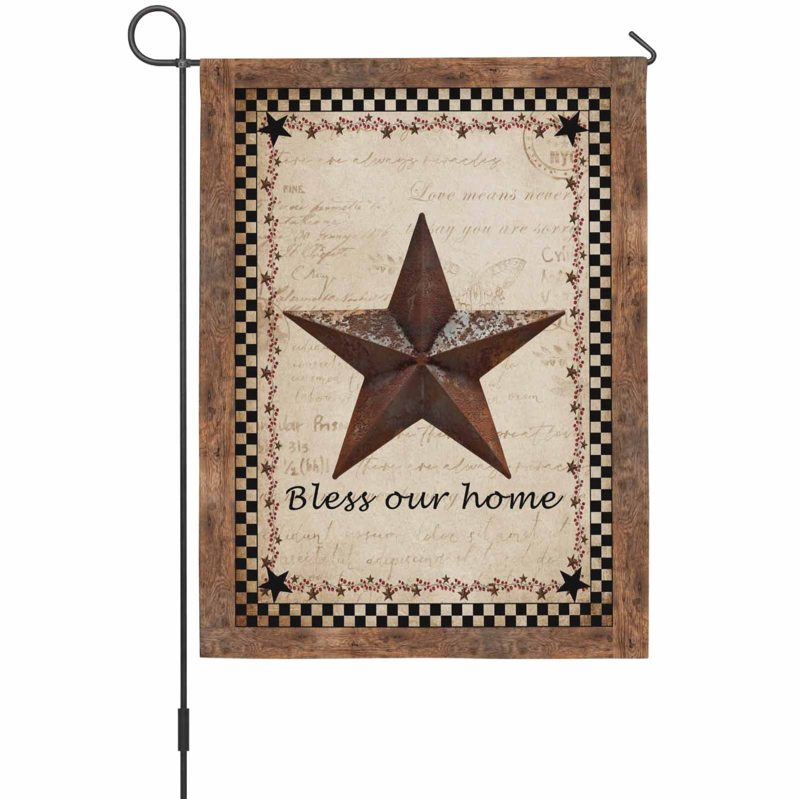 Retro Star House Flag 28 x 40 Inches, Bless Our Home Black Plaid Vintage Letter Farms Weather Proof Outdoor Patio Flags Double Sided Small House Decoration for Yard Lawn Outside Home