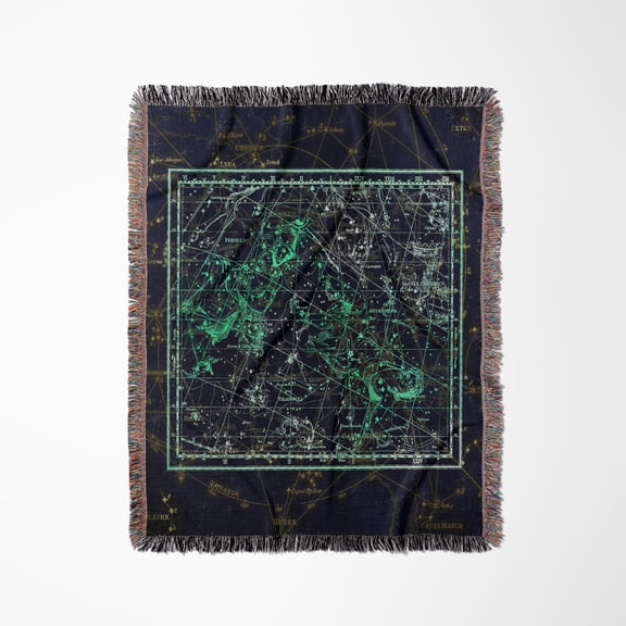 Retro Star Map. Constellations Of Perseus, Andromeda. Green, White, Woven Blanket
