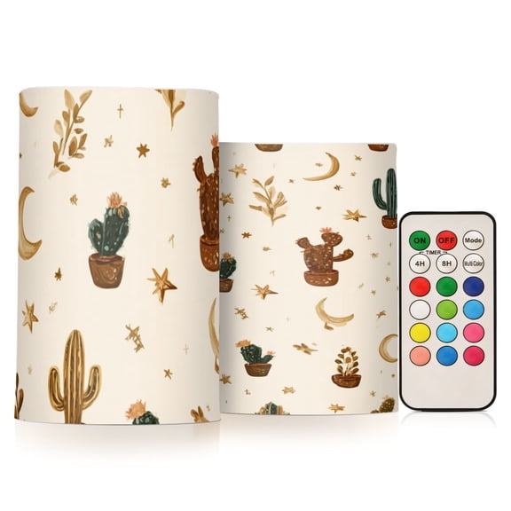 Retro Star Moon Cactus Flickering Flameless Candles Battery Operated with Remote Timer LED Pillar Candles Set of 2