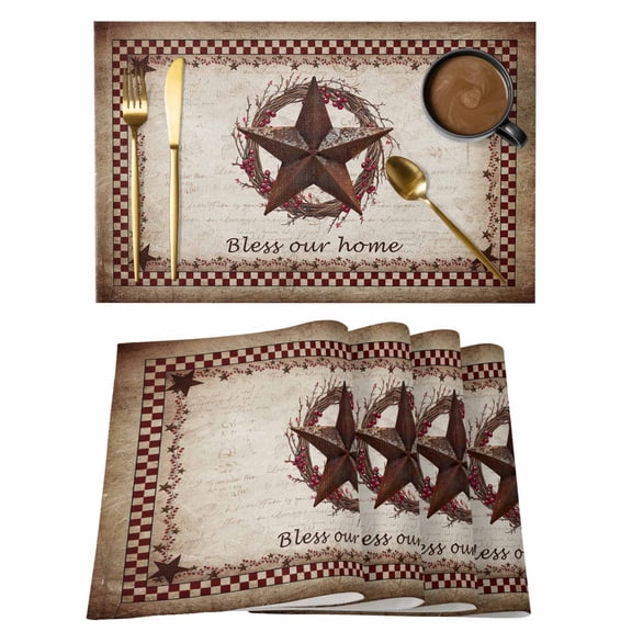 Retro Star Placemats Set of 1, Bless Our Home Black Plaid Vintage Letter Farm Non-Slip Place Mats Washable Table Mats for Kitchen Dining Table Decorations Indoor/Outdoor