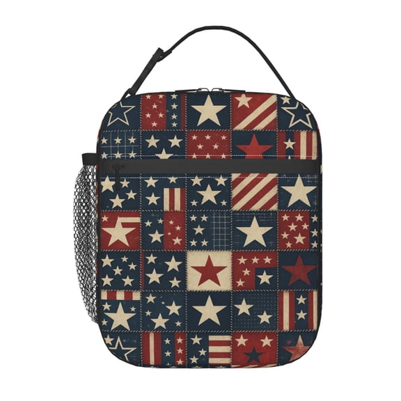 Retro Star Print Patchwork, Rural Style Design Lunch Bag Portable Thermal Lunch Box for Men and Women
