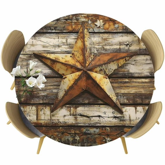 Retro Star Round Fitted Table Cover Shabby Texas Stars Mottled Old Wood Grain Country Waterproof Table Cloth with Elastic Edge Wipeable Tablecloth for Picnic Camping Party Fits 36"-44" Diameter