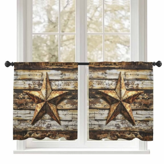 Retro Star Sheer Curtains 45 inches Long 2 Panels Set Country Texas Stars Worn-out Weathered Wood Tiers Sheers Rod Pocket Small Window Short Curtains for Kitchen Cafe, Each 52" W x 45" L