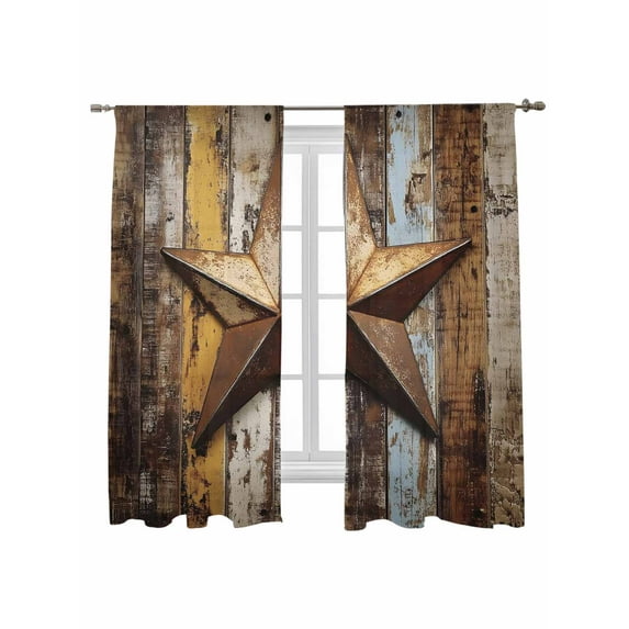 Retro Star Sheer Curtains 72 inches Long 2 Panels Set Abstract Metal Stars Old Wooden Walls Country Sheer Window Curtain Rod Pocket Voile Drapes for Living Room/Bedroom, Each 52" W x 72" L