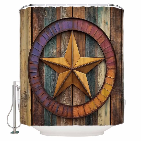 Retro Star Shower Curtain, 36" x 72", Abstract Metal Stars Gradient Circle Wood Grain Waterproof Bathroom Curtain Washable Shower Curtain Set with 12 Hooks