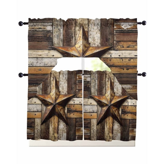 Retro Star Swag Valance and Tier Curtains Set Country Shabby Texas Stars Mottled Old Wood Grain Kitchen Curtains 3 Piece Set Rod Pocket Panels for Bedroom Cafe Swag Valances and 24 inches Tiers