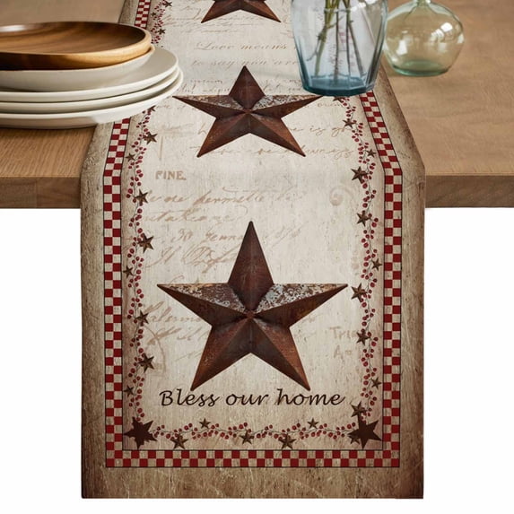 Retro Star Table Runner, Bless Our Home Brown Plaid Vintage Letter Farms Cotton Linen Kitchen Table Decoration Washable Dining Tabletop Runners for Home Party Decor 13x48 Inches