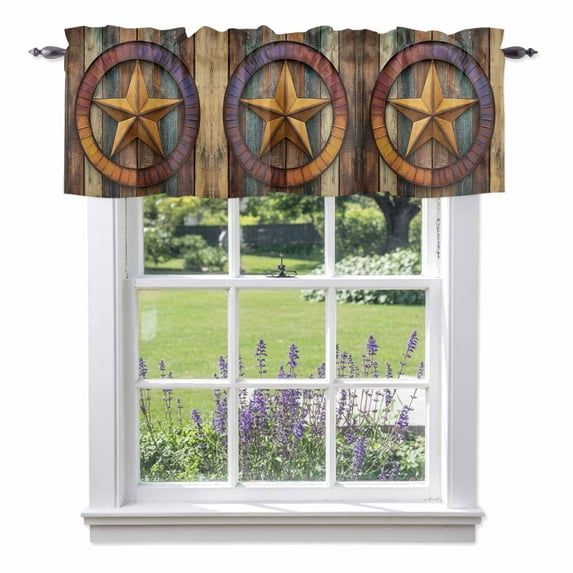 Retro Star Valance Curtain Abstract Metal Stars Gradient Circle Wood Grain Window Valances Rod Pocket Short Curtains Window Treatments for Kitchen Bedroom Bathroom Laundry 60" x 18"