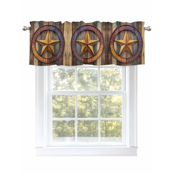 Retro Star Valances for Windows Abstract Metal Stars Gradient Circle Wood Grain Kitchen Valance Curtain Rod Pocket Small Curtains for Cafe Bathroom Laundry Basement 54" x 18"