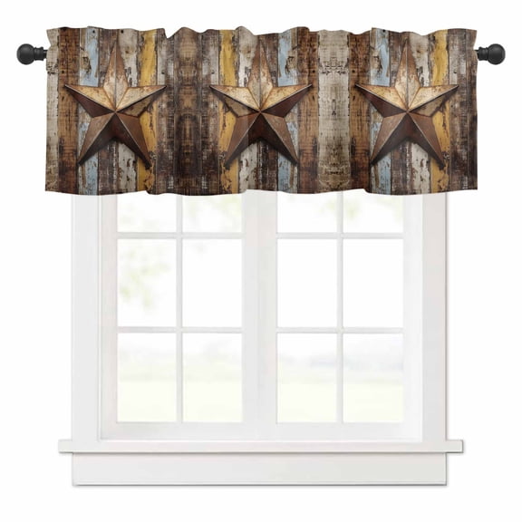 Retro Star Valances for Windows Abstract Metal Stars Old Wooden Walls Country Rod Pocket Curtain Valance Window Treatment Short Curtains for Kitchen Living Room, 60"x14"