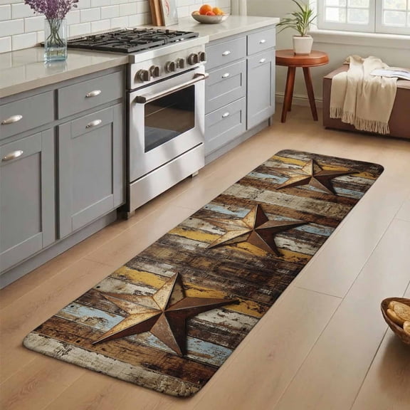Retro Star Washable Runner Rug 3X7 ft Abstract Metal Stars Old Wooden Walls Country Non-Slip Hallway Runner Rug, Linen Kitchen Runner Mats, Indoor Floor Carpet for Entryway Bathroom Bedroom
