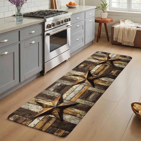 Retro Star Washable Runner Rug 3X7 ft Country Shabby Texas Stars Mottled Old Wood Grain Non-Slip Hallway Runner Rug, Linen Kitchen Runner Mats, Indoor Floor Carpet for Entryway Bathroom Bedroom