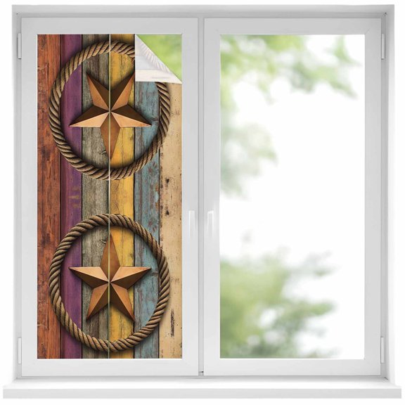 Retro Star Window Privacy Film 17.7x39.3in Rope Old Mottled Colorful Wood Wall Abstract Decorative Window Film with Static Cling, UV Filtering Window Cling Privacy Film for Glass Doors and Windows
