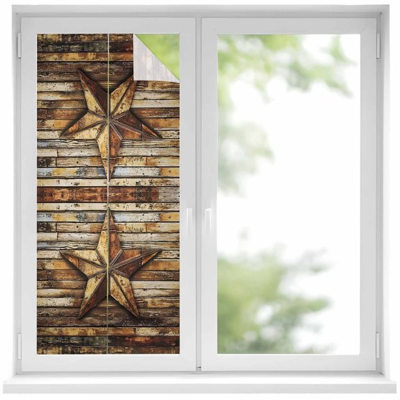 Retro Star Window Privacy Film Abstract Metal Stars Old Weathered Wood Grain Decorative Glass Window Film UV Blocking Static Cling Non-Adhesive Sticker Covering for Home Door 19.6 x 39.3 inches