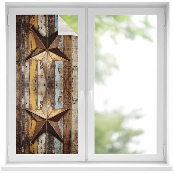 Retro Star Window Privacy Film Abstract Metal Stars Old Wooden Walls Country Decorative Glass Window Film UV Blocking Static Cling Non-Adhesive Sticker Covering for Home Door 17.7 x 39.3 inches
