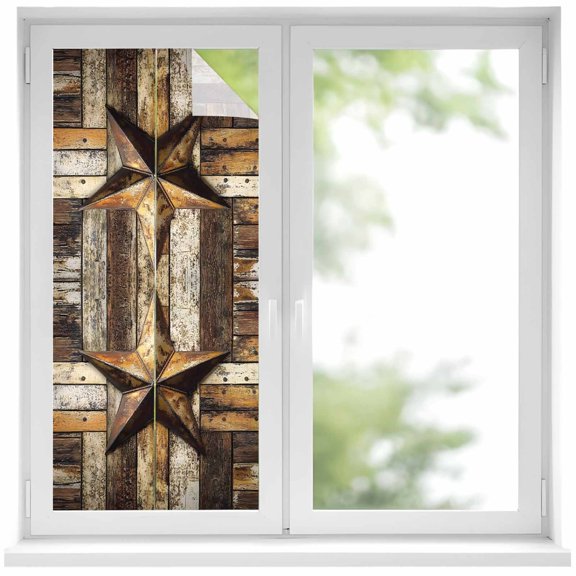 Retro Star Window Privacy Film Country Shabby Texas Stars Mottled Old Wood Grain Decorative Glass Window Film UV Blocking Static Cling Non-Adhesive Sticker Covering for Home Door 19.6 x 39.3 inches