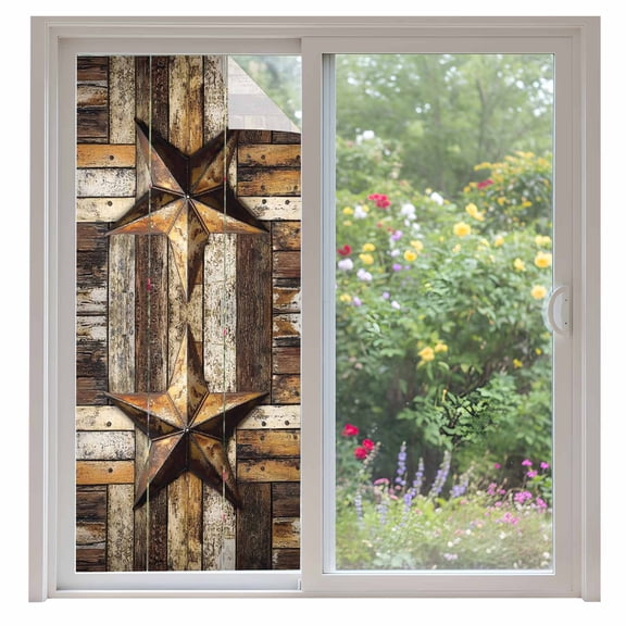 Retro Star Window Privacy Film Country Shabby Texas Stars Mottled Old Wood Grain Decorative Glass Window Film UV Blocking Static Cling Non-Adhesive Sticker Covering for Home Door 35.4x78.7 inches