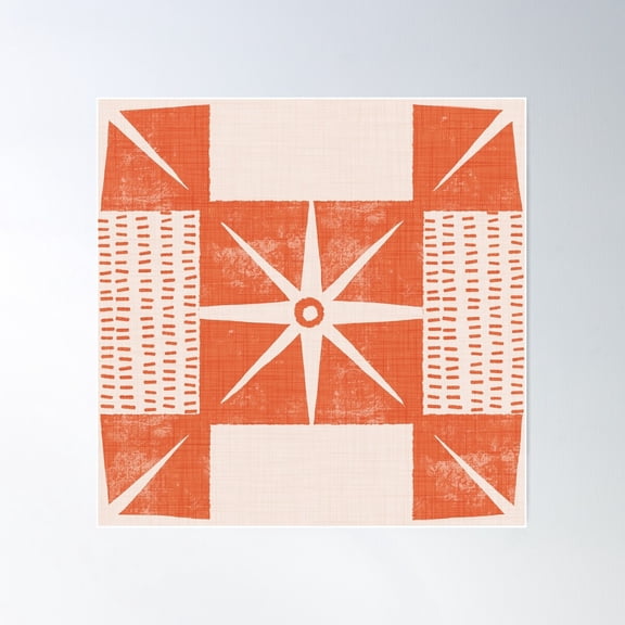 Retro Starburst Quilt Block - Minimalist Mid Century Salmon Orange Poster Wall Art, Modern Wall Decor For Living Room Bedroom, 30x30 UNFRAMED