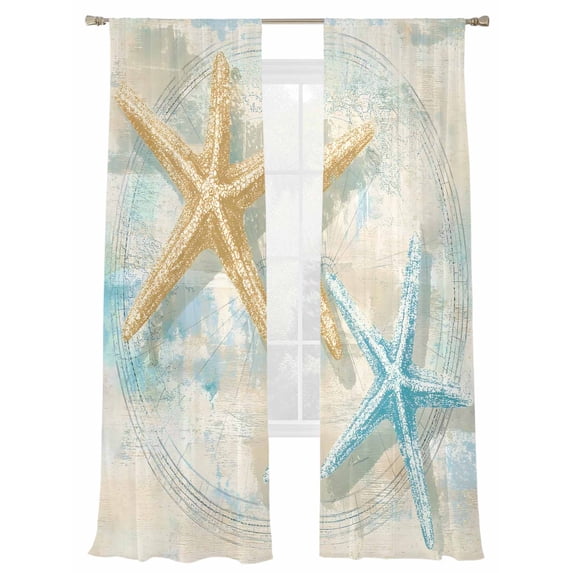 Retro Starfish Sheer Curtains 108 Inch Long 2 Panels, Watercolor Starfish Blue Yellow Summer Light Filtering Rod Pocket Curtains, Sheer Voile Drapes for Living Room Bedroom, 52"x108"