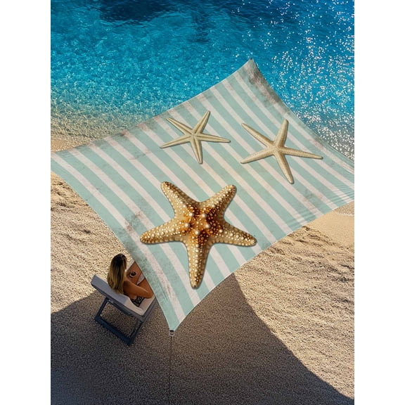Retro Starfish Sun Shade Sail 8' x 10', Vintage Green Striped Marine Life Ocean Summer Rectangle Outdoor Sunshade Canopy, Waterproof UV Block Patio Covers for Garden Yard Beach
