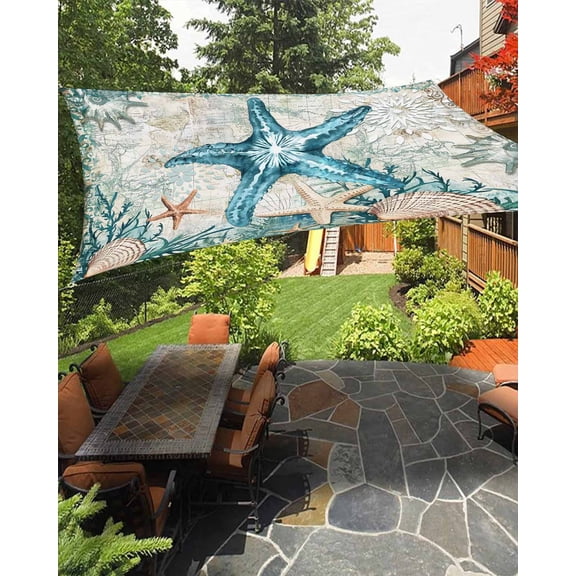 Retro Starfish Waterproof Sun Shade Sail Ocean Nautical Coral Vintage Background Outdoor Patio Sun Shades Canopy UV Block Waterproof Sunshade for Garden Backyard Deck Pergola 6.5x10 Ft
