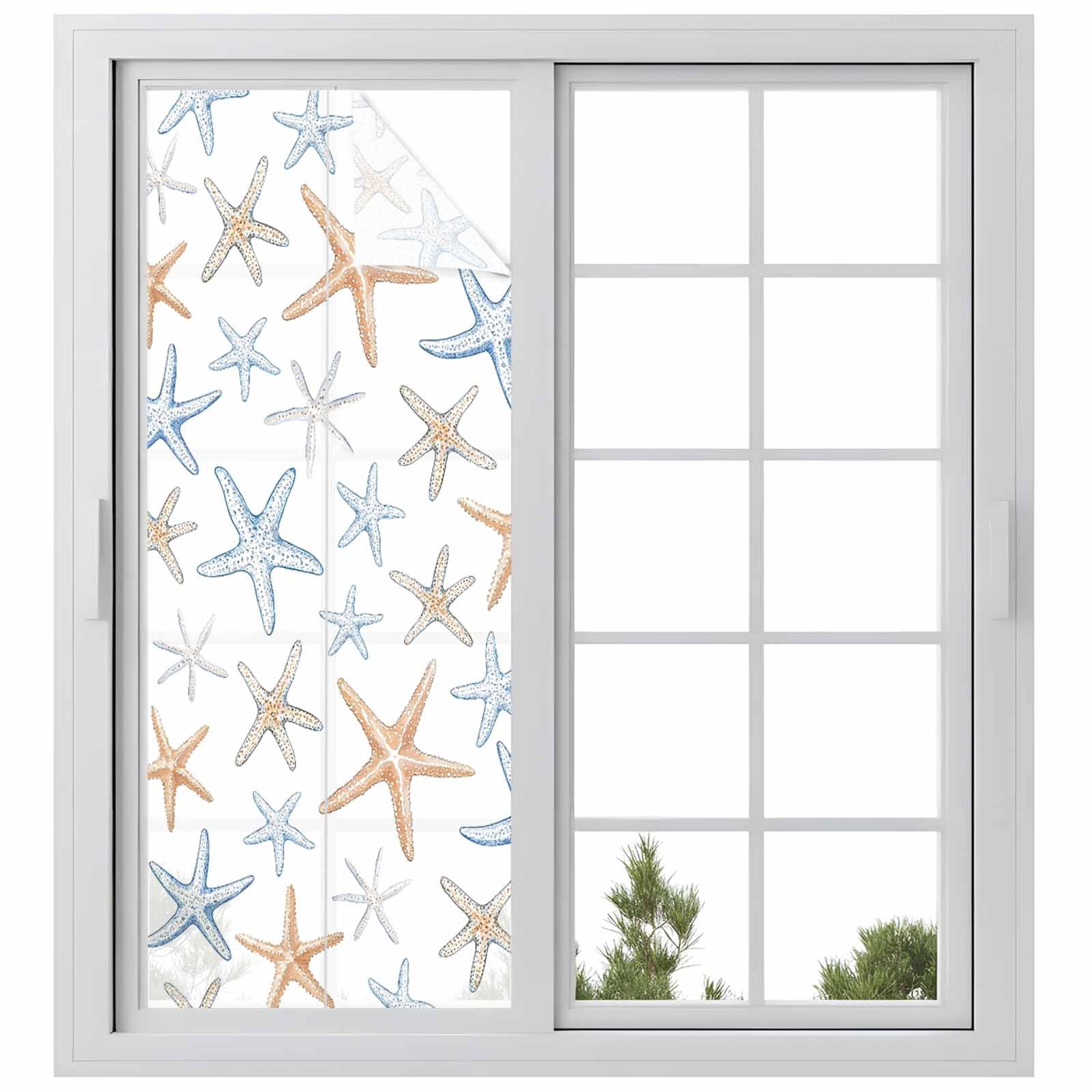 Retro Starfish Window Privacy Film, Watercolor Starfish Frosted Glass Window Clings Static Cling UV Heat Blocking Reusable Door Sticker for Bathroom 23.6 x 59 Inch