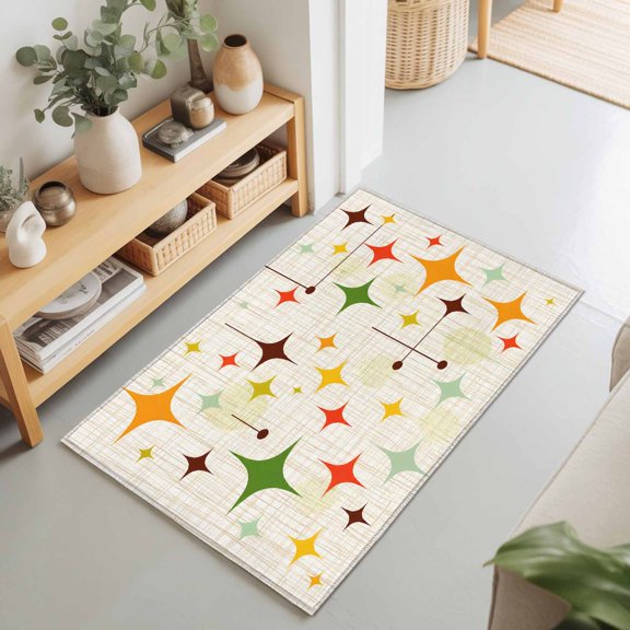 Retro Stars 2'x3' Rug for Entryway Front Door Kitchen Sink Area, Mid-Century Diamonds Orange Green Star Grid Background Low Pile Washable Non Slip Rectangle Area Rug for Living Room