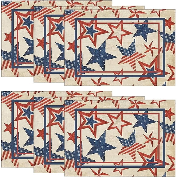Retro Stars Stripes Patriotic Placemats Set of 6, 12x18 Inch Memorial Day Independence Day Table Mats for Holiday Party Kitchen Dining Room Decoration