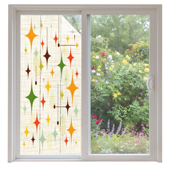 Retro Stars Window Privacy Film Mid-Century Diamonds Orange Green Star Grid Background Decorative Glass Window Film UV Blocking Static Cling Sticker Covering for Home Door 35.4x78.7 inches