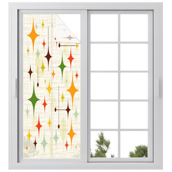 Retro Stars Window Privacy Film, Mid-Century Diamonds Orange Green Star Grid Background Frosted Glass Window Clings Static Cling UV Heat Blocking Reusable Door Sticker for Bathroom 23.6 x 59 Inch