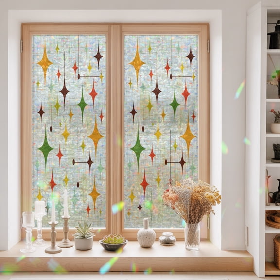 Retro Stars Window Privacy Film Mid-Century Diamonds Orange Green Star Grid Background Static Cling Stained Glass Window Film Non-Adhesive Decorative Decals Rainbow Sticker 23.6"X59"