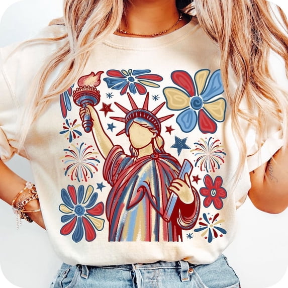 Retro Statue of Liberty T-Shirt – Vintage 4th of July Graphic with USA Flag and Boho Floral Style