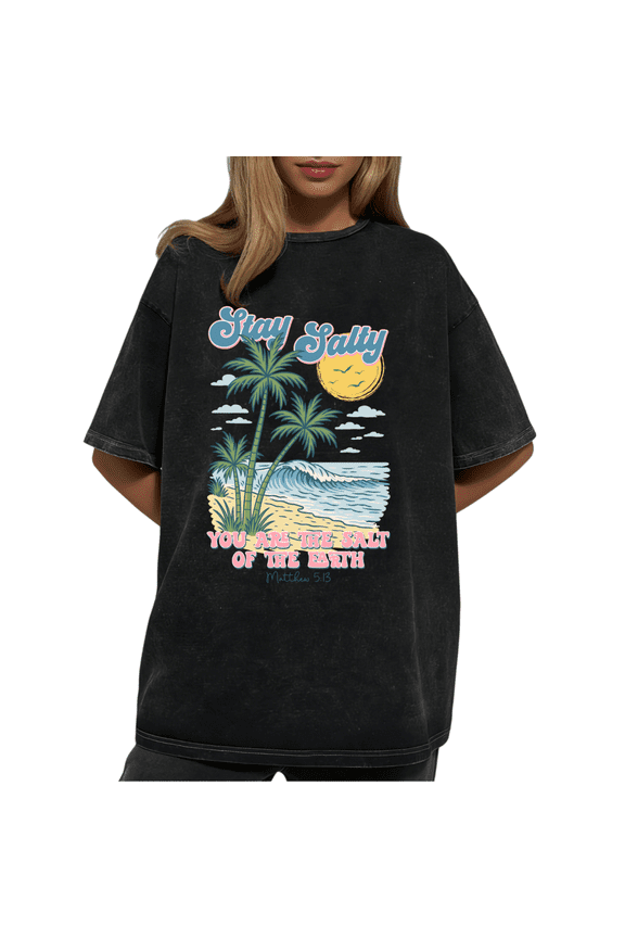 Retro Stay Salty Beach Christian Matthew 5:13 Wash Print Tshirt Graphic Tees Charcoal Oversize S-2XL Casual Tops
