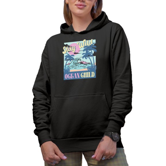 Retro Stay Wild, Ocean Child with Palm Trees & Waves, Summer Gift, Black Hooded Sweatshirt or Hoodie, 3XL