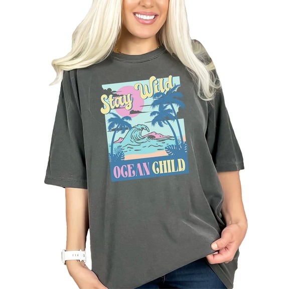 Retro Stay Wild, Ocean Child with Palm Trees & Waves, Summer, Pepper Comfort Colors T-Shirt, 3XL