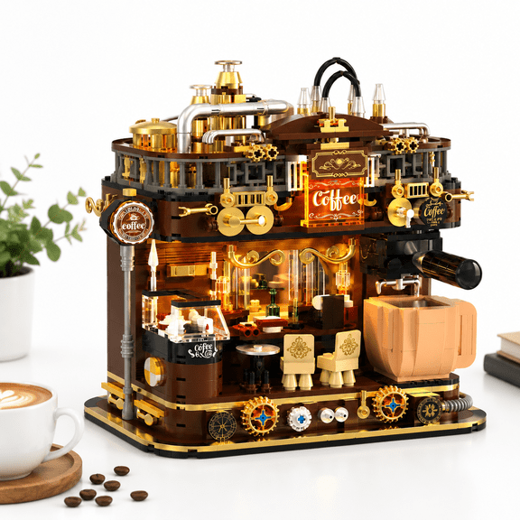 Retro Steam Cafe Interlocking Block Building Set, City Coffee Shop Model