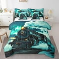 thumbnail image 1 of Retro Steam Engine Bed In A Bag Train Railway Track 7 Pieces Queen Comforter Set,Vintage Car Bedding Set Vehicles Moon Turquoise Comforter Bedroom Decor,Soft, 1 of 5