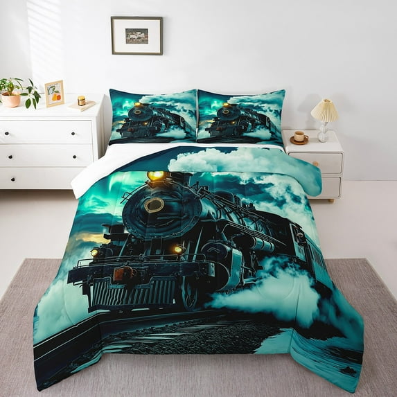 Retro Steam Engine Full Bedding Set Railway Track Transport Comforter Set,Vintage Locomotive Down Comforter Vehicles Moon Turquoise Bed Set Bedroom Decor,Soft