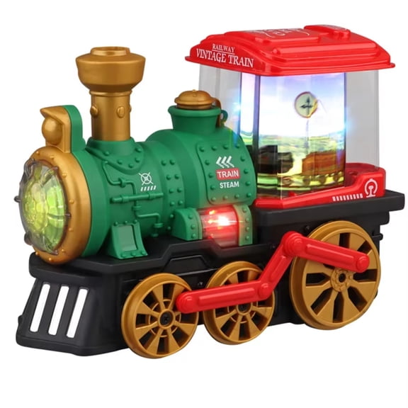 Retro Steam Train Toy with Mist Spray, Vintage Locomotive with Lights and Music, Bump and Go Universal Wheel Toy for Kids Age 3+, Green