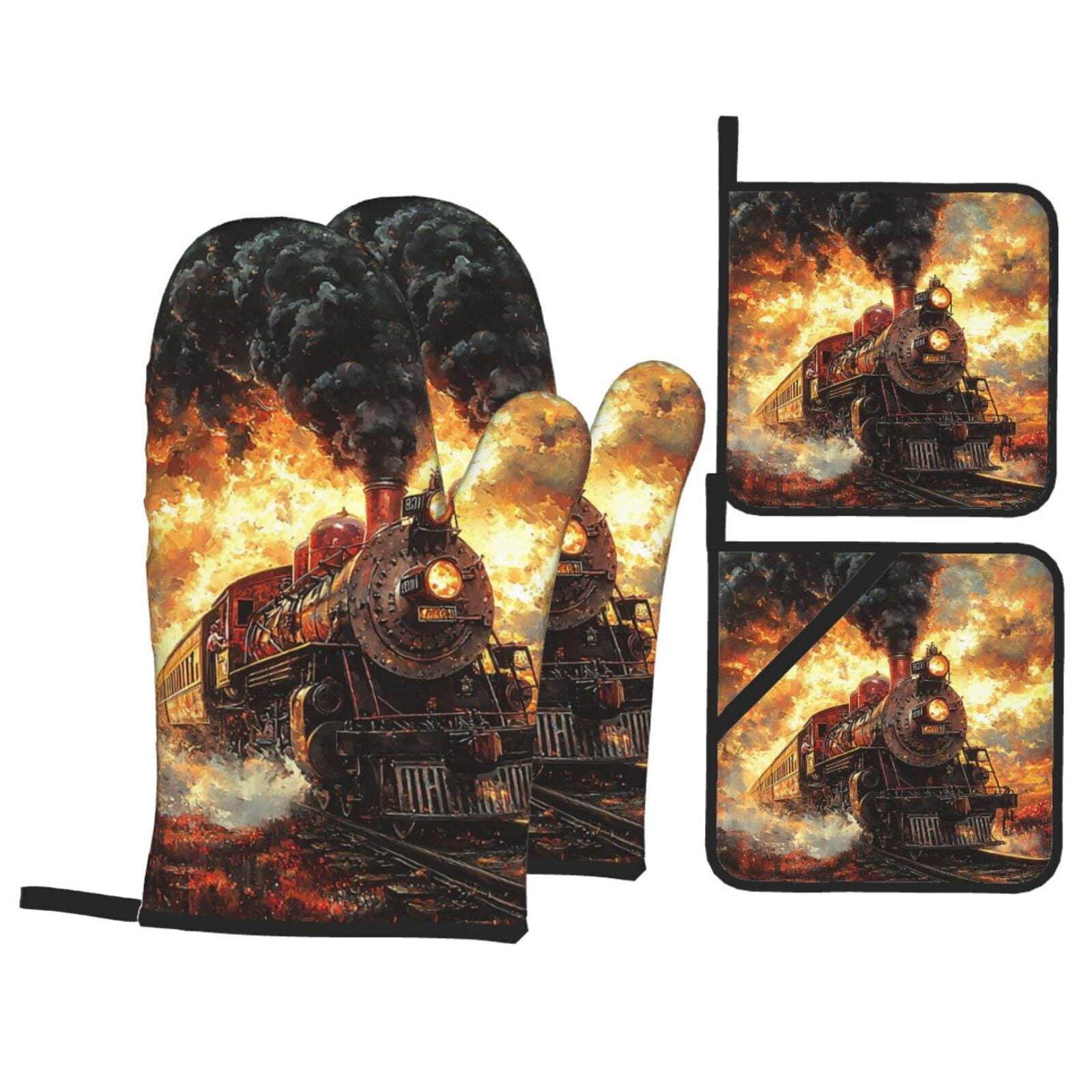 Retro Steam Train Vintage 4Pcs Oven Mitts and Pot Holders Sets Oven Kitchen Gloves Hot Pads for Cooking BBQ Baking Grilling