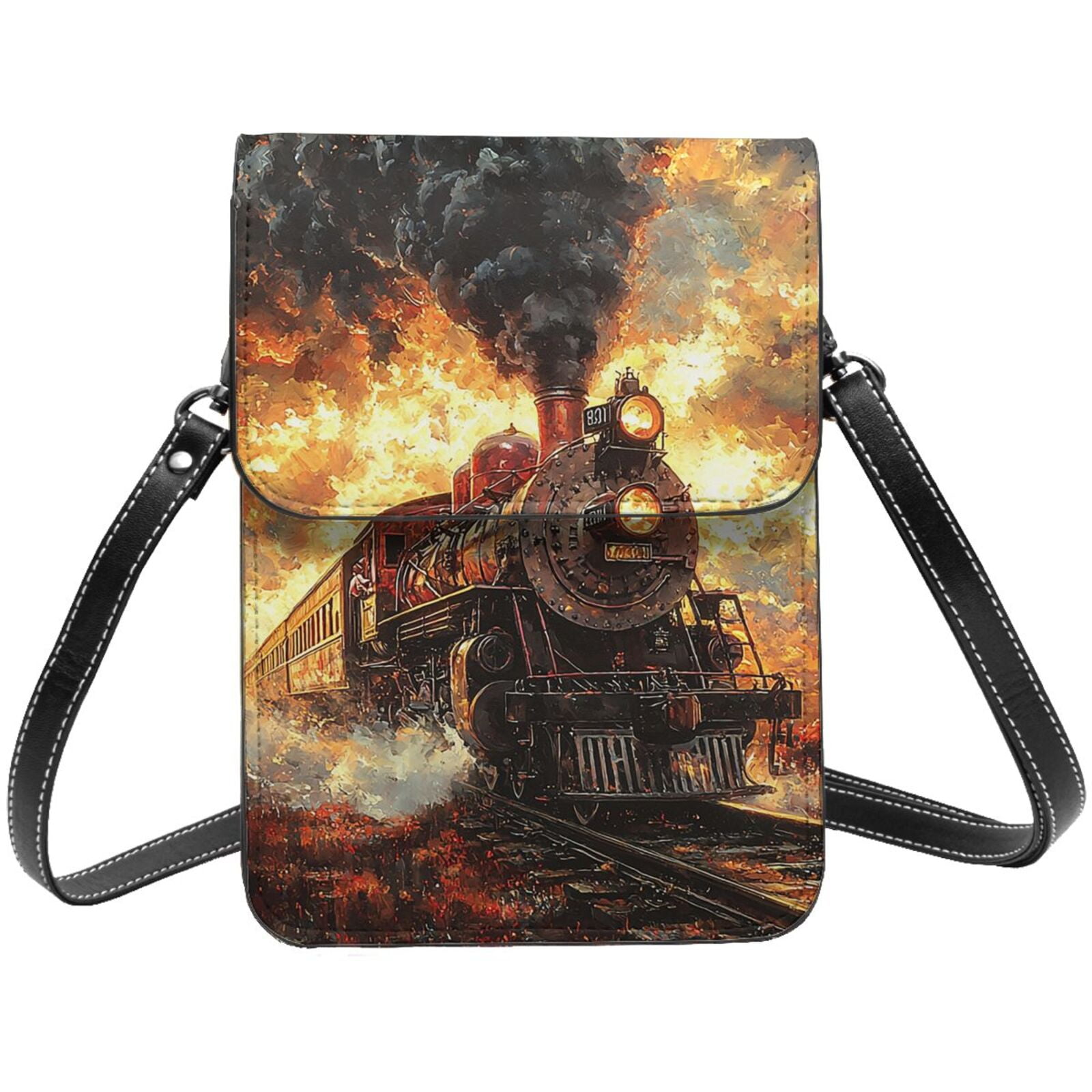 Retro Steam Train Vintage Cell Phone Purse Small Crossbody Bag with Strap Credit Card Slots Leather Shoulder Wallet for Women