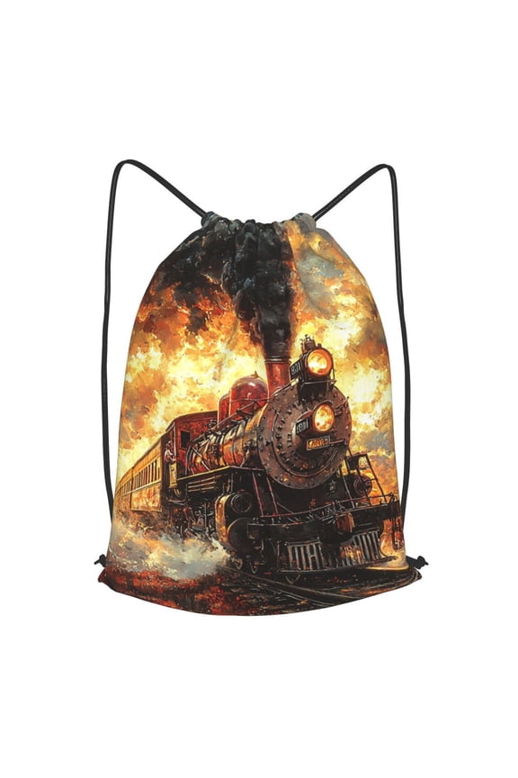 Retro Steam Train Vintage Drawstring Backpack Gym String Bag Sports Sackpack Cinch Sack, Small