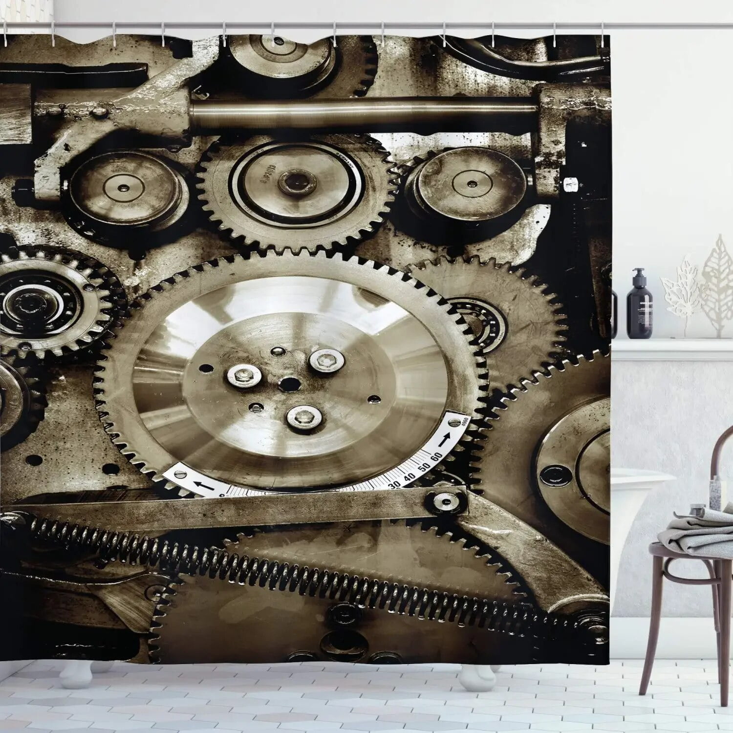 Retro Steampunk Clocks and Gears Shower Curtain Mechanical Clocks Details Over Old Metal Cloth
