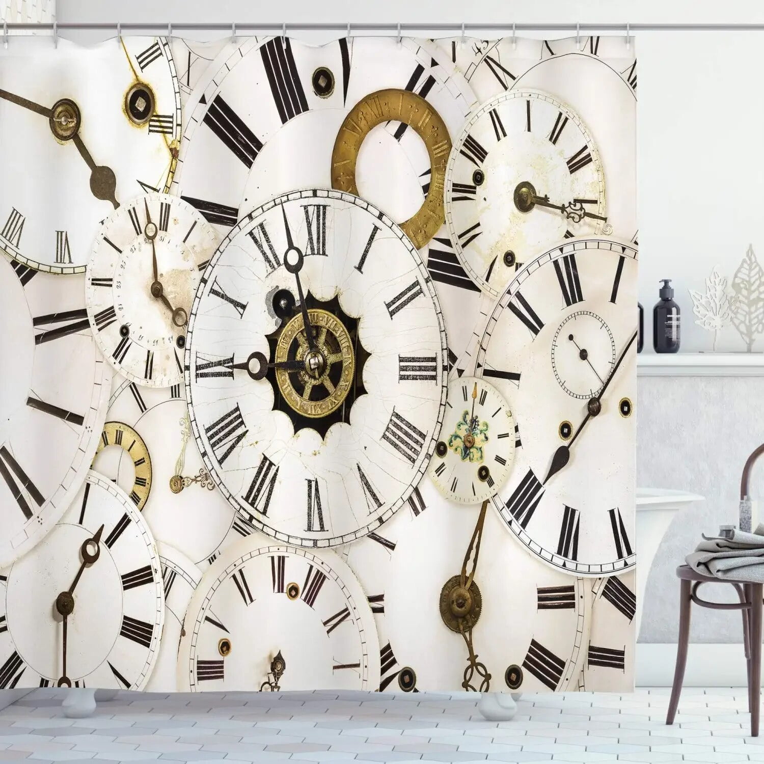 Retro Steampunk Clocks and Gears Shower Curtain Mechanical Clocks Details Over Old Metal Cloth