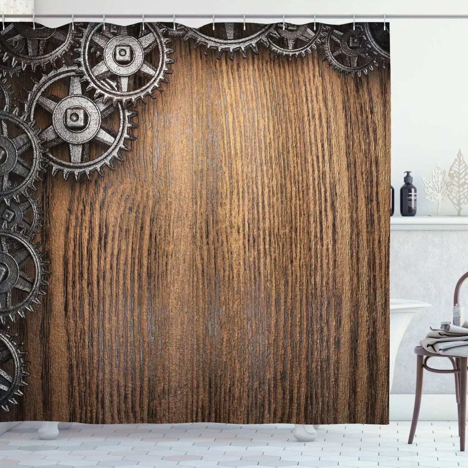 Retro Steampunk Clocks and Gears Shower Curtain Mechanical Clocks Details Over Old Metal Cloth