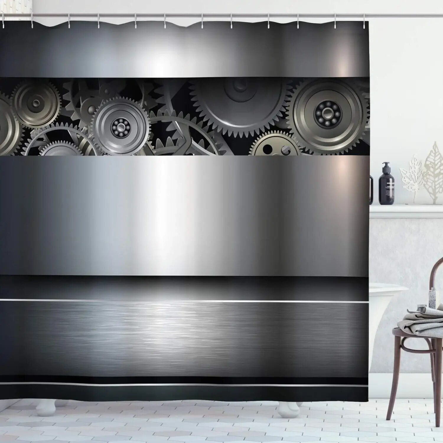 Retro Steampunk Clocks and Gears Shower Curtain Mechanical Clocks Details Over Old Metal Cloth