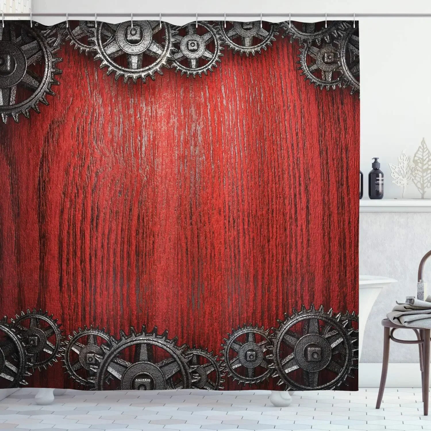Retro Steampunk Clocks and Gears Shower Curtain Mechanical Clocks Details Over Old Metal Cloth