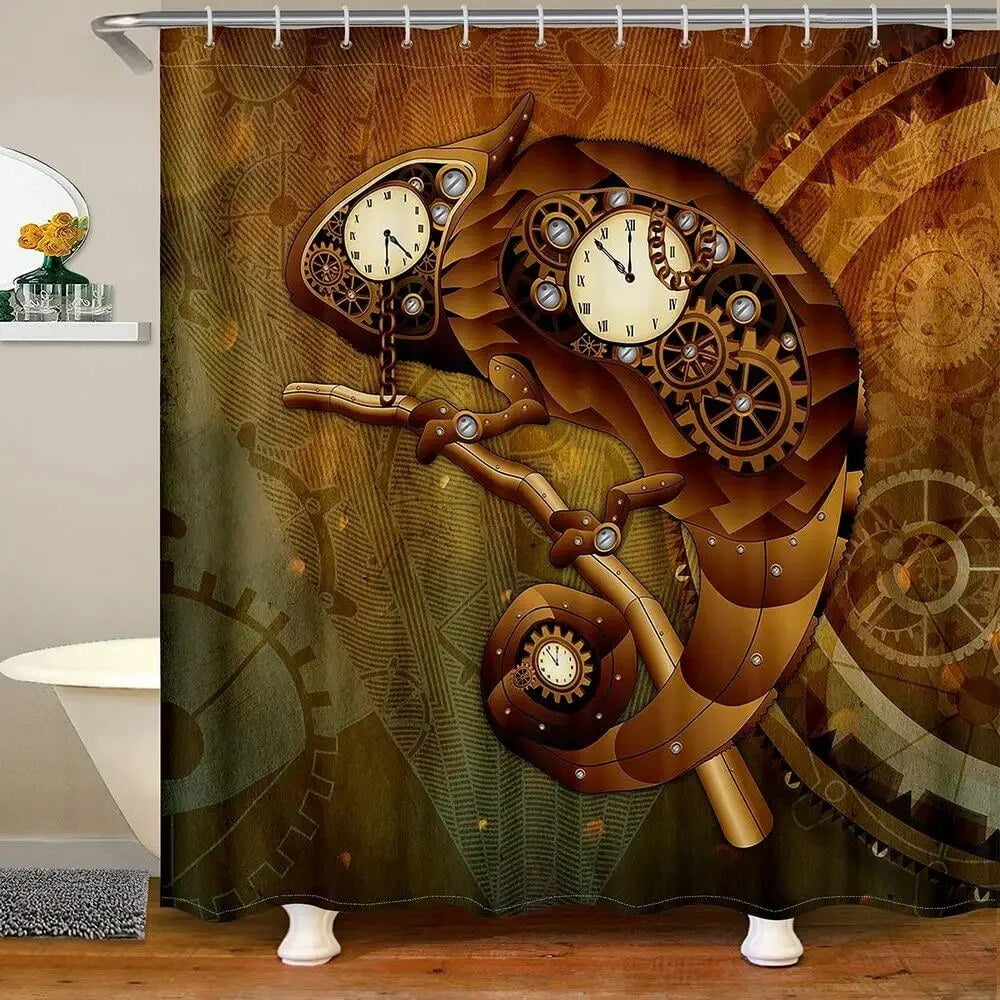 Retro Steampunk Clocks and Gears Shower Curtain Mechanical Clocks Details Over Old Metal Cloth