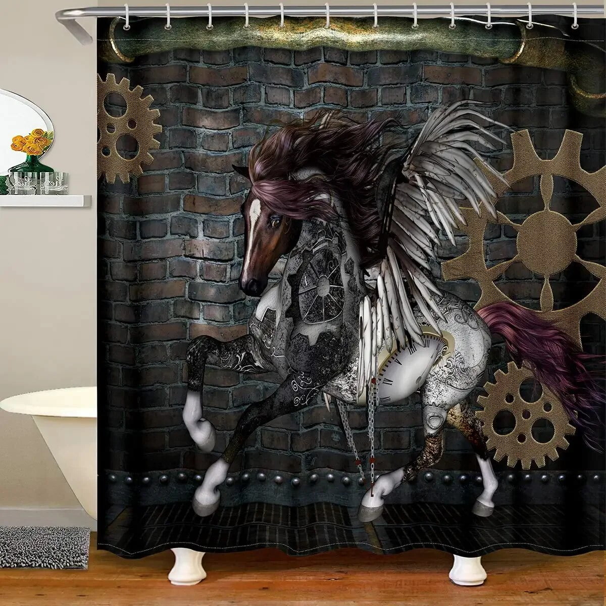 Retro Steampunk Clocks and Gears Shower Curtain Mechanical Clocks Details Over Old Metal Cloth